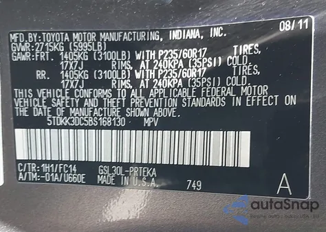 2011 Toyota Sienna Le из США, поврежденный, VIN 5TDKK3DC5BS168130